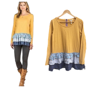 Matilda Jane Women's Mustard Yellow & Floral Tiered Long Sleeve Tunic Boho